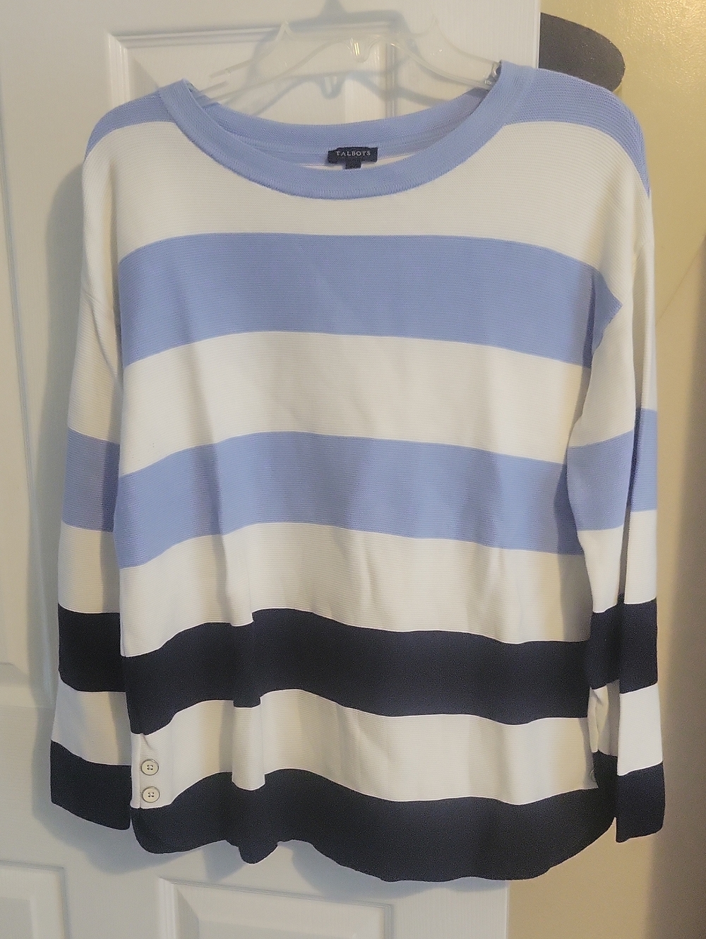 Talbots SzLg Striped Crewneck in White, Light Blue, Navy faux button hem accents